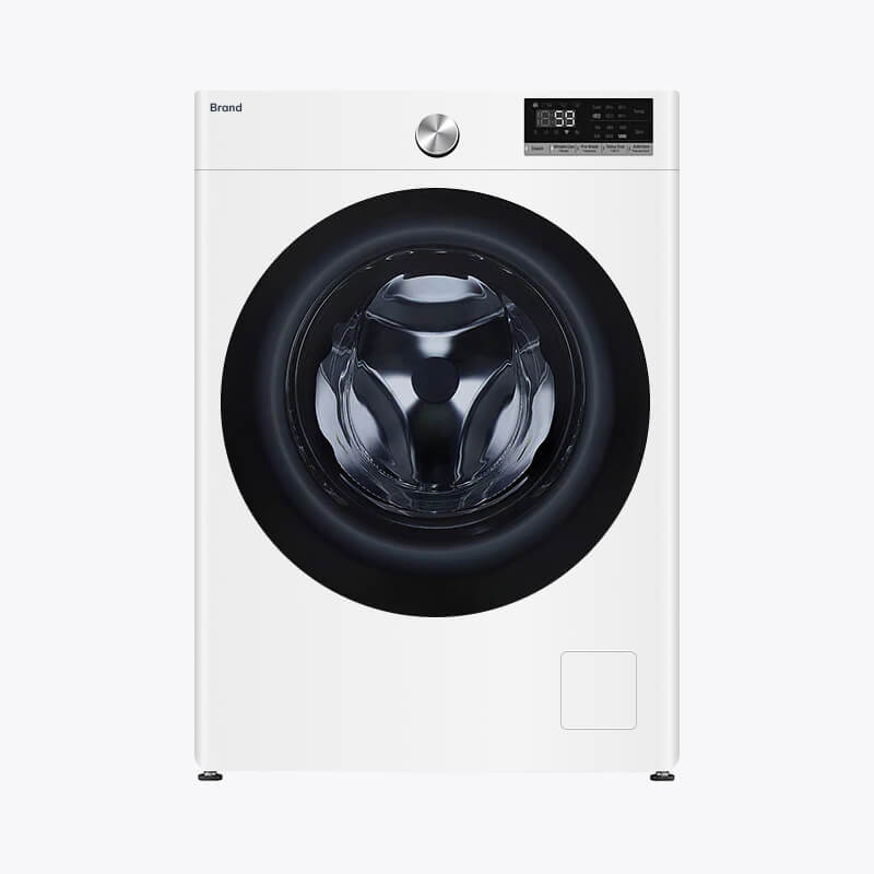 Washer-dryer combo front view, front-load design, white body with visible control panel, ventless installation
