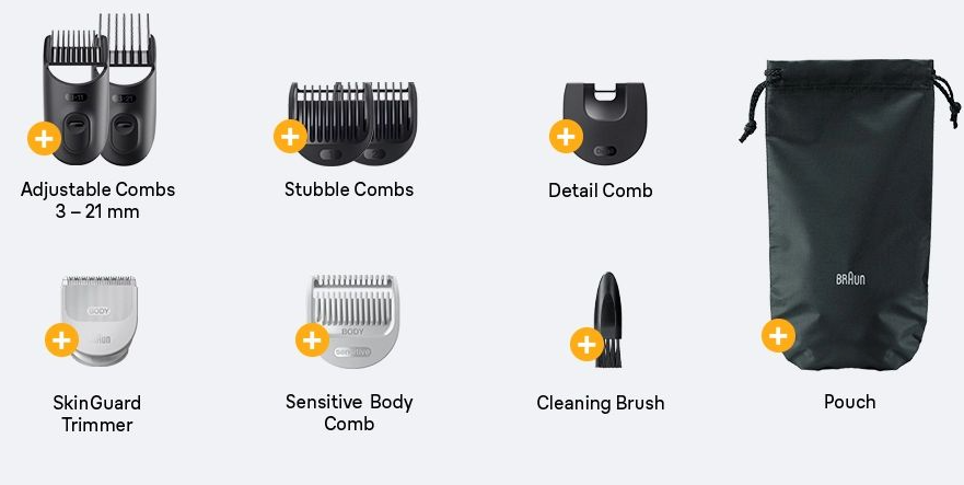 grooming kit unboxing, including trimmer body, multiple heads, guide combs, pouch and over 20 accessories