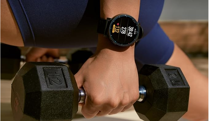 User wearing budget smartwatch for daily activities, screen showing steps and heart rate, suitable for beginners in health tracking