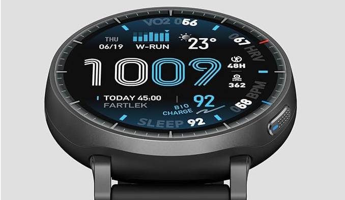 budget fitness smartwatch front view, 1.97-inch AMOLED display showing health data, minimalist design for daily wear