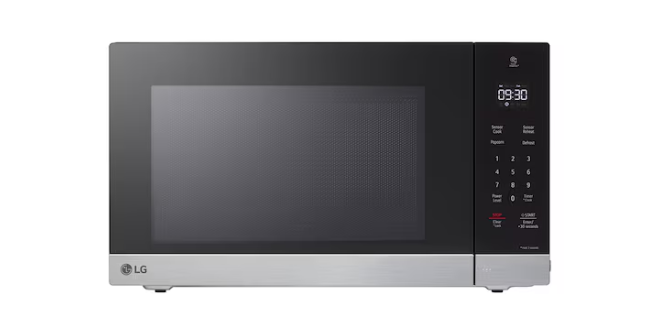 Smart sensor microwave front view, stainless steel design with visible control panel, showcasing modern kitchen appliance aesthetics