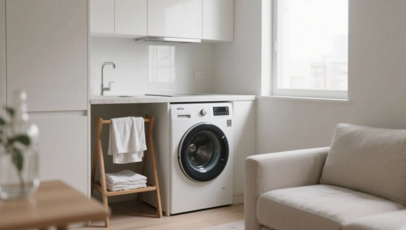 Washer-dryer combo installed in narrow space beside small apartment kitchen, 24-inch width fits perfectly, no external venting required